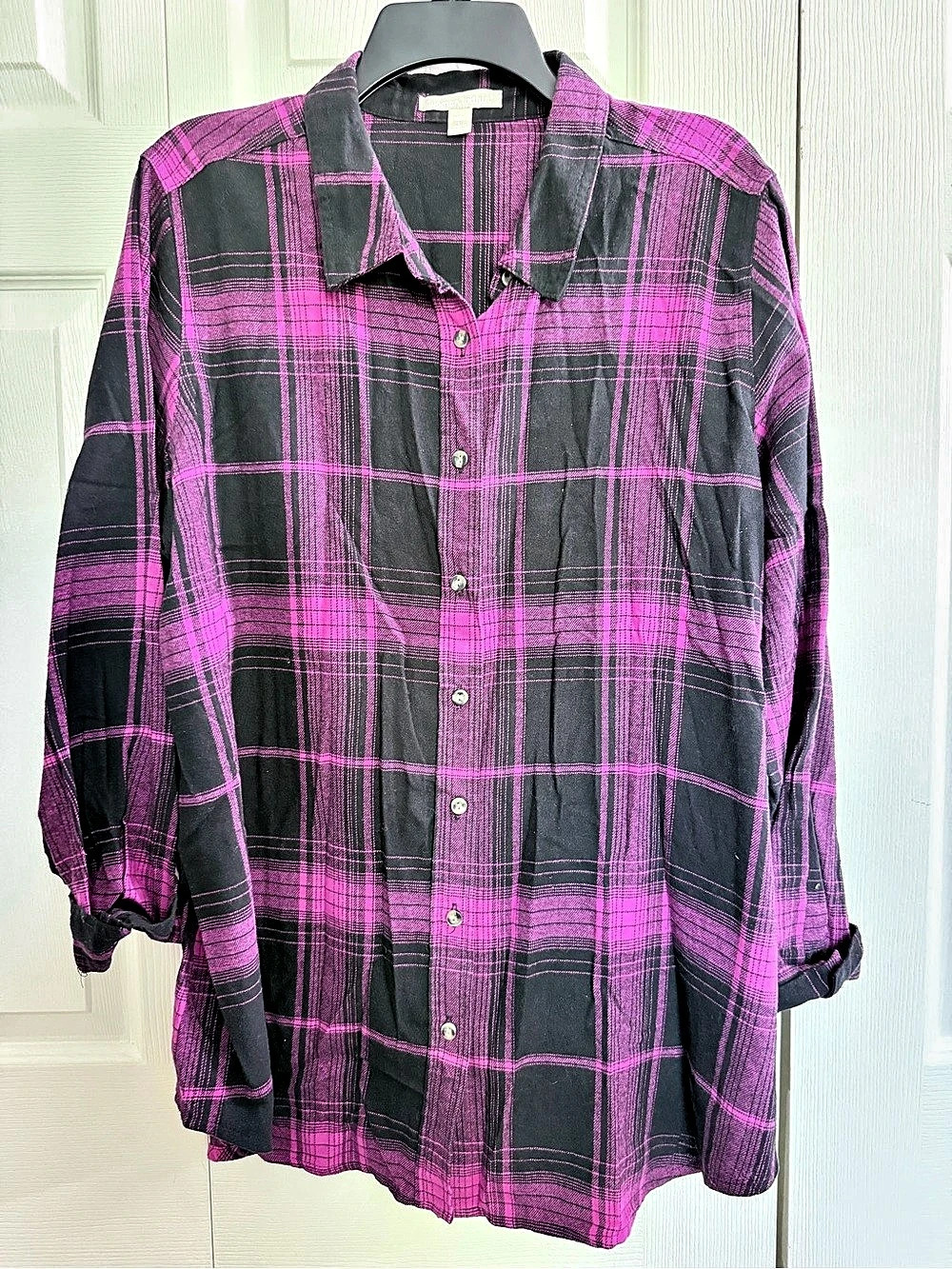 Woman Within Plaid Double-Brushed Cotton Flannel Shirt Plaid Button Down in Pink